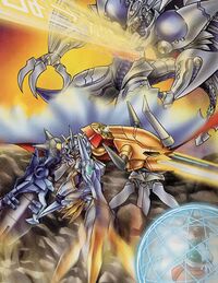 Omegamon (X-Antibody) vs. DORUgoramon in Digimon Chronicle.